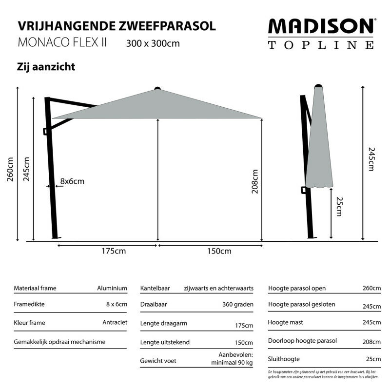 Madison Monaco Flex III - Zweefparasol - Vierkant 3.0 meter - Vrijhangend - Grijs