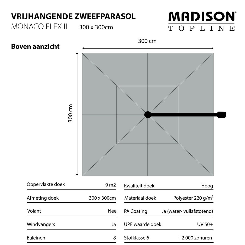 Madison Monaco Flex III - Zweefparasol - Vierkant 3.0 meter - Vrijhangend - Grijs