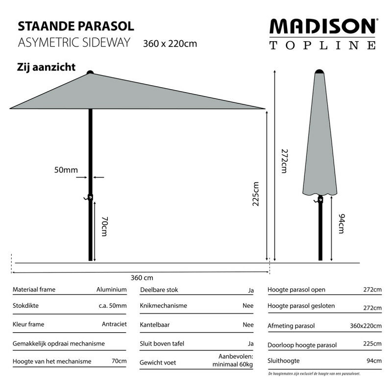 Madison Asymetric Sideway - Staande Parasol - Rechthoekig - 2.2x3.6 meter - Taupe