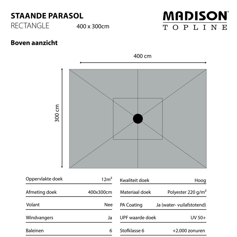 Madison Mikros - Staande Parasol - Rechthoekig - 2x3 meter - Grijs