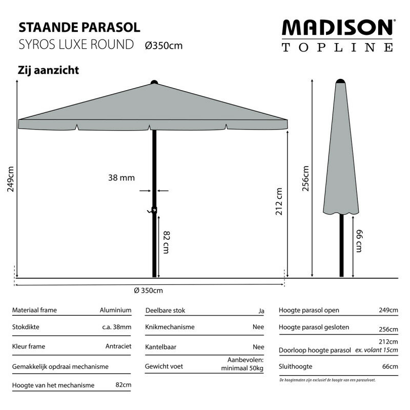Madison Syros Luxe - Staande Parasol - Rond 3.5 meter - Grijs