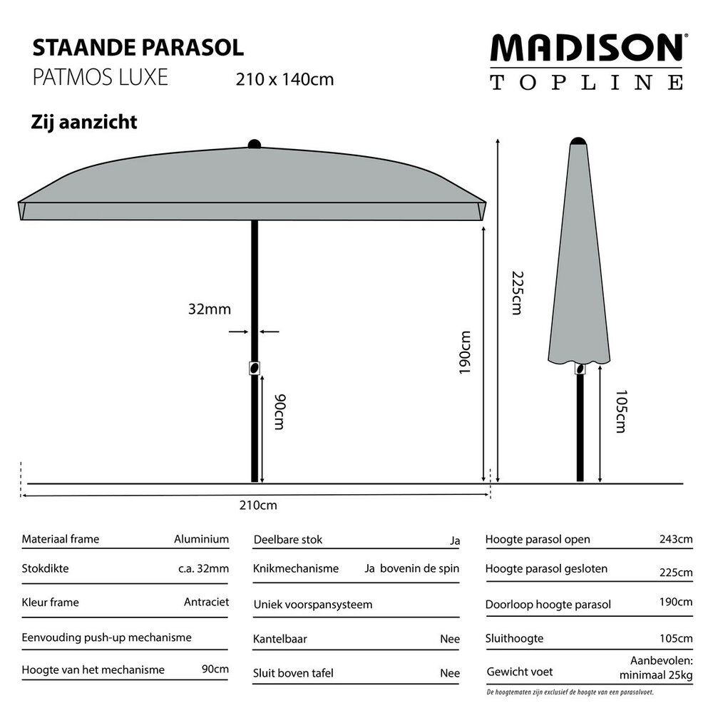 Madison Patmos - Staande Parasol - Rechthoekig 2,1x1,4 meter - Licht grijs