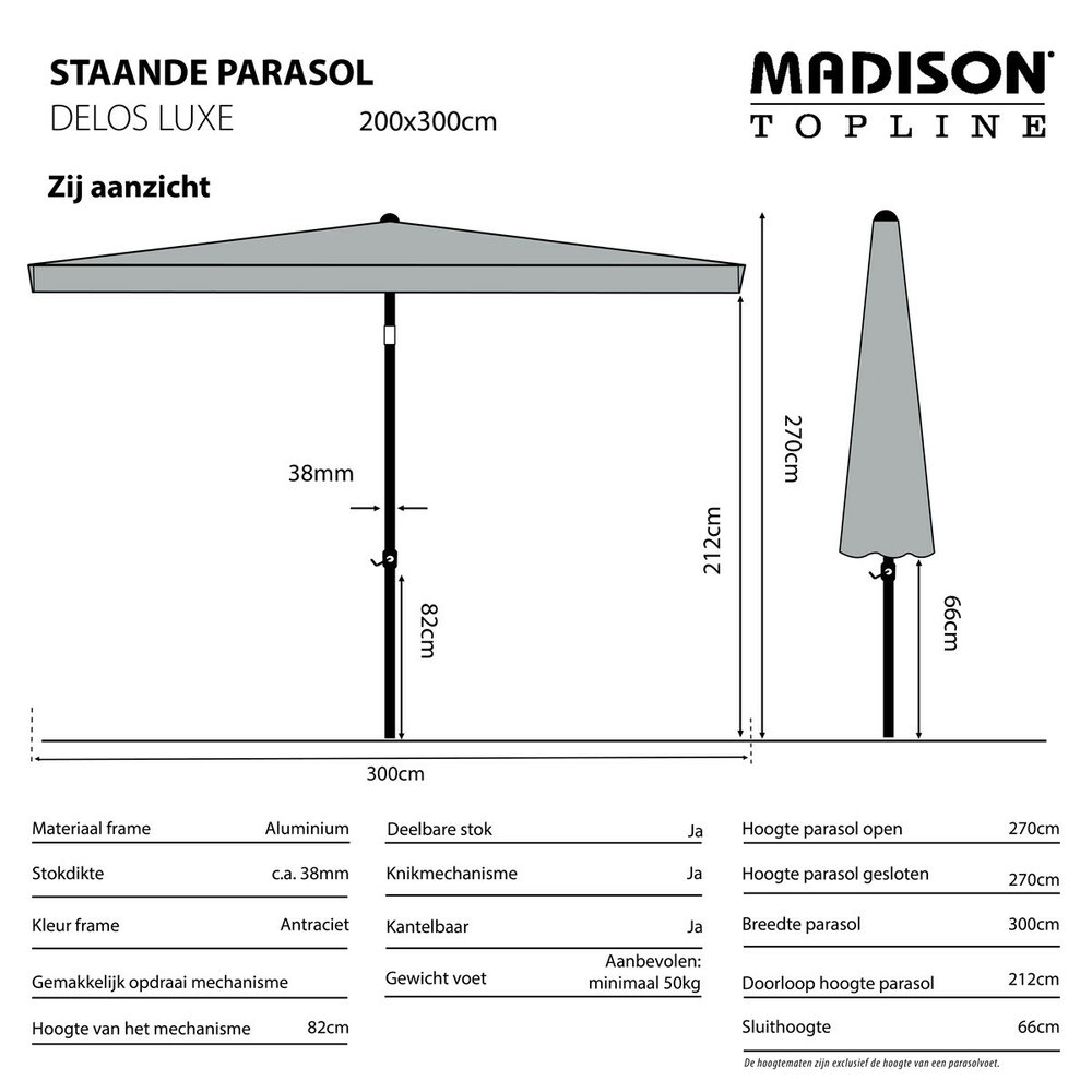 Madison Delos - Staande Parasol - Rechthoekig - 2x3 meter - Grijs