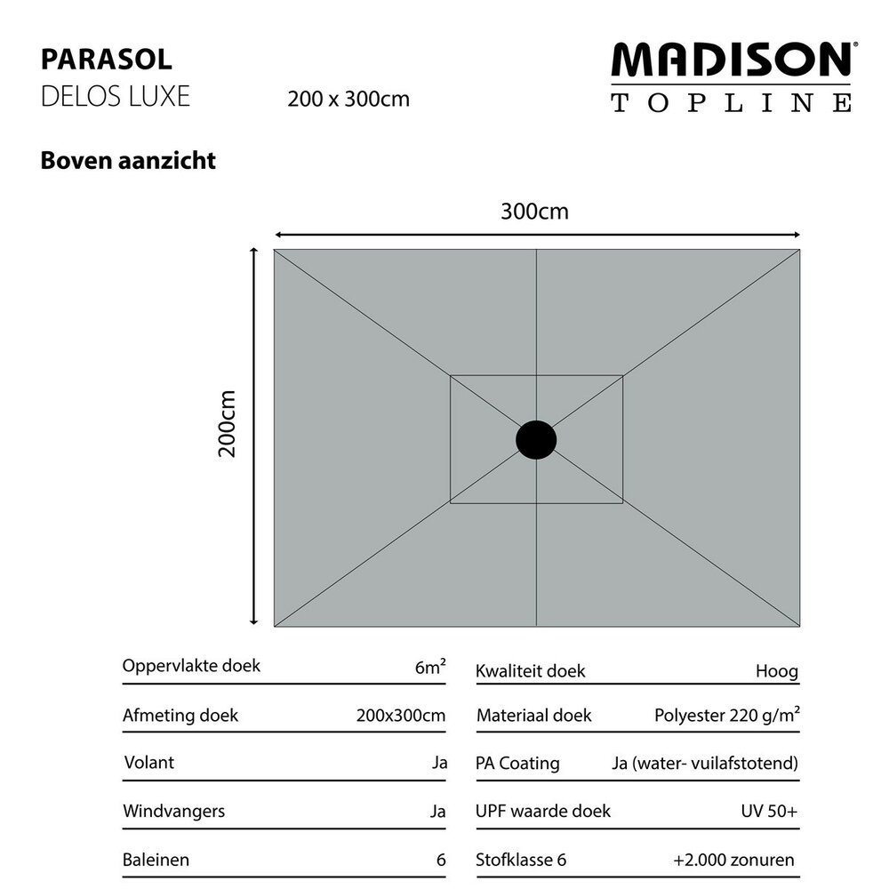Madison Delos - Staande Parasol - Rechthoekig - 2x3 meter - Grijs