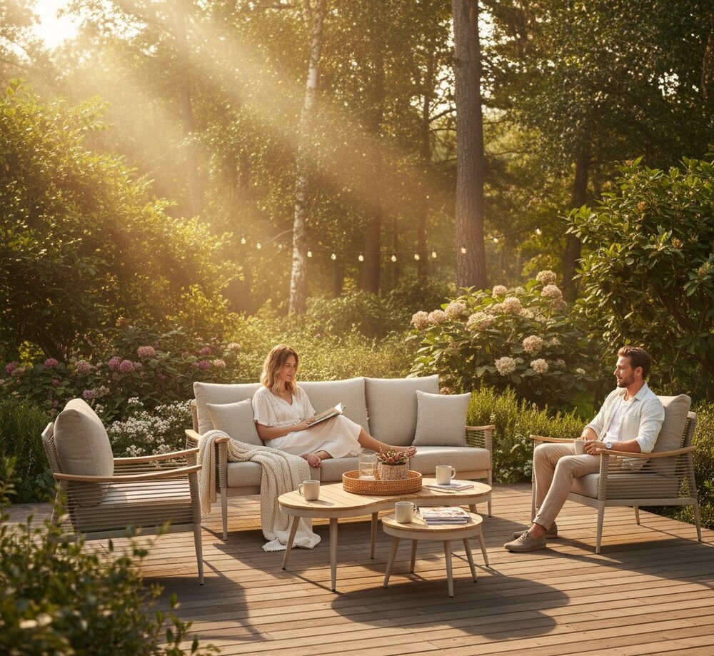 SenS-Line Sevilla loungeset met ovale en ronde tafel en beige Olefin kussens.
