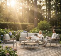 SenS-Line Sevilla loungeset met ovale en ronde tafel en beige Olefin kussens.