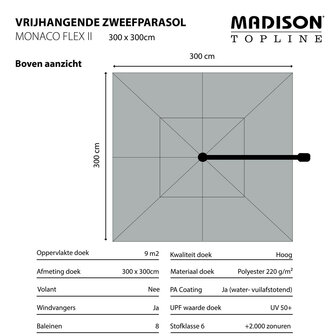 Madison Monaco Flex III - Zweefparasol - Vierkant 3.0 meter - Vrijhangend - Taupe