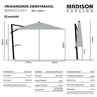 Madison Monaco Flex III - Zweefparasol - Vierkant 3.0 meter - Vrijhangend - Grijs