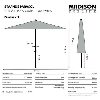 Madison Syros Luxe - Staande Parasol - Vierkant 2.8 meter - Grijs
