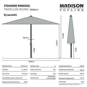 Madison Timor - Staande Parasol - Rond 4 meter - Licht grijs