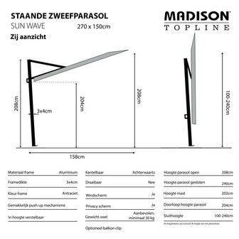 Madison Sun Wave - Balkonparasol - rechthoekige - 2.7x1.5 meter - Grijs