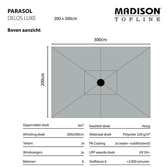 Madison Delos - Staande Parasol - Rechthoekig - 2x3 meter - Grijs