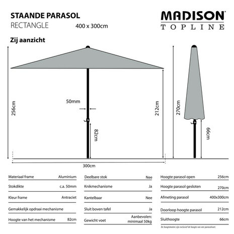 Madison Mikros - Staande Parasol - Rechthoekig - 2x3 meter - Licht Grijs