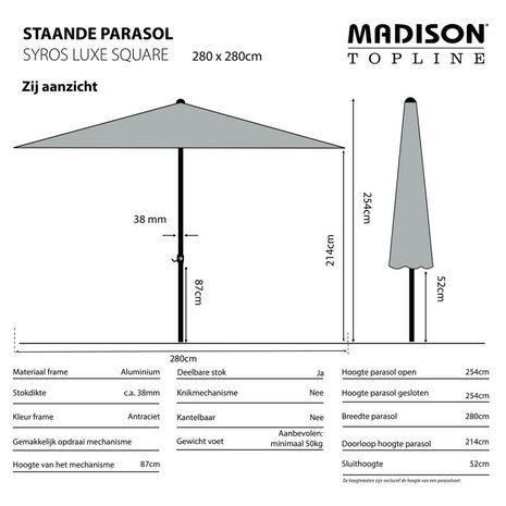 Madison Syros Luxe - Staande Parasol - Vierkant 2.8 meter - Ecru