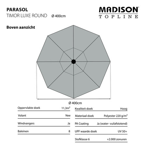 Madison Timor - Staande Parasol - Rond 4 meter - Licht grijs