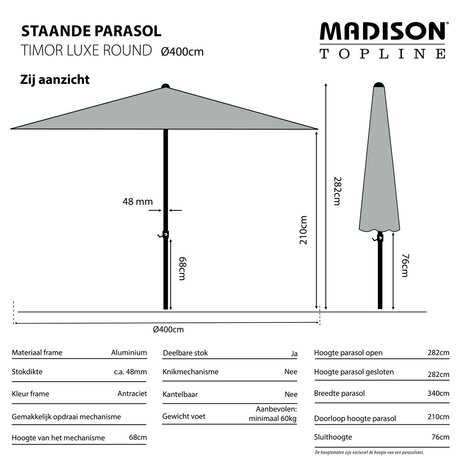 Madison Timor - Staande Parasol - Rond 4 meter - Licht grijs