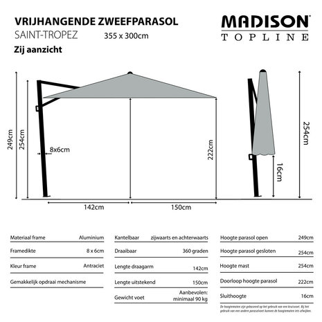 Madison Saint Tropez - Zweefparasol - Rechthoekig - 355 x 300 cm - Ecru