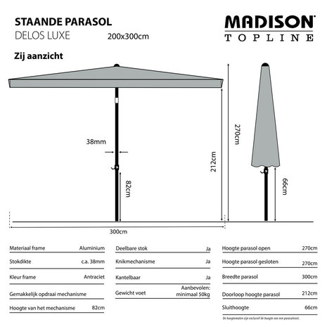 Madison Delos - Staande Parasol - Rechthoekig - 2x3 meter - Grijs