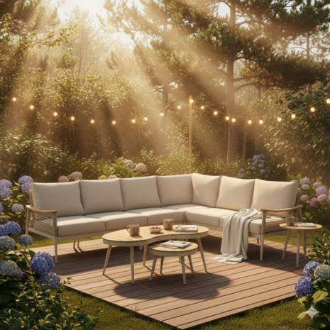 Luxe Sevilla hoekloungeset met beige kussens en dubbele design tafelset.