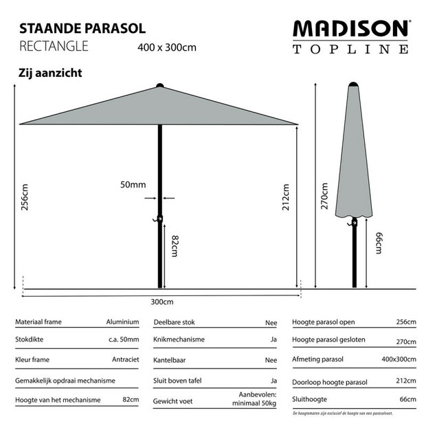 Madison Rectangle - Staande Parasol - Rechthoekig - 3x4 meter - Ecru