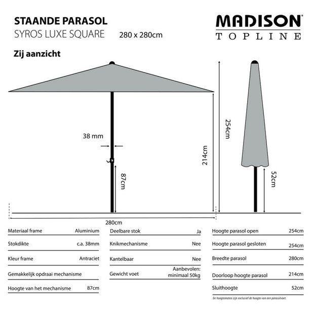 Madison Syros Luxe - Staande Parasol - Vierkant 2.8 meter - Taupe