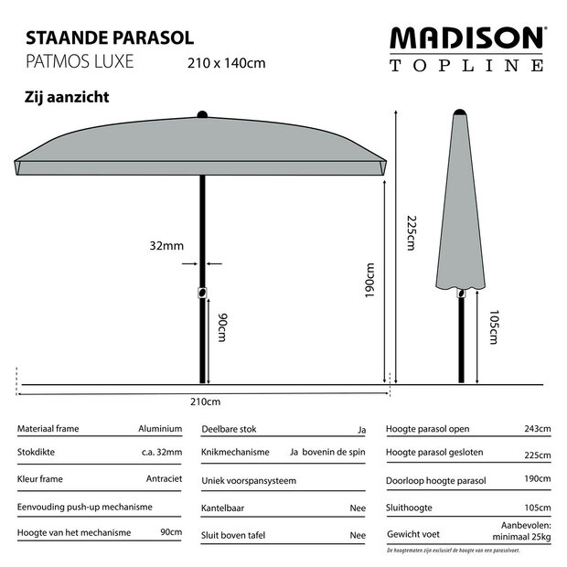 Madison Patmos - Staande Parasol - Rechthoekig 2,1x1,4 meter - Ecru