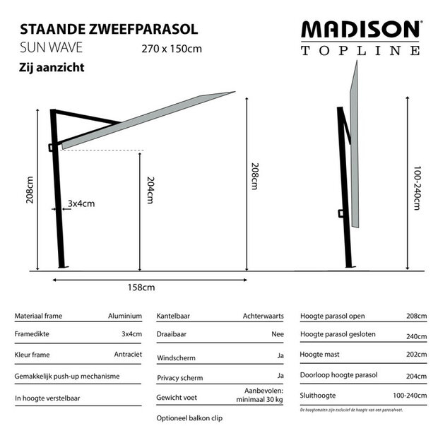 Madison Sun Wave - Balkonparasol - rechthoekige - 2.7x1.5 meter - Licht Grijs