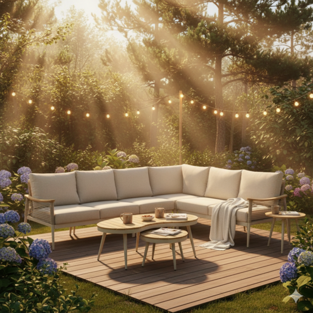 Luxe Sevilla hoekloungeset met beige kussens en dubbele design tafelset.