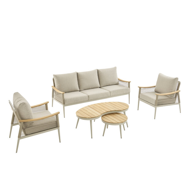 SenS-Line Sevilla loungeset met ovale en ronde tafel en beige Olefin kussens.