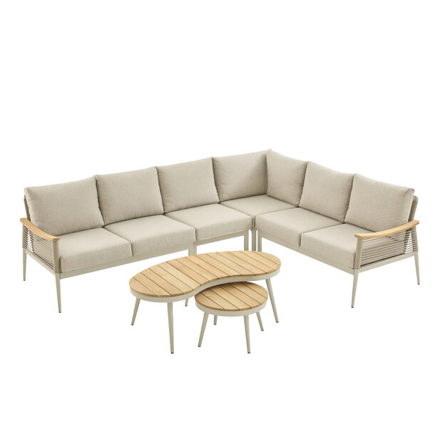 Luxe Sevilla hoekloungeset met beige kussens en dubbele design tafelset.